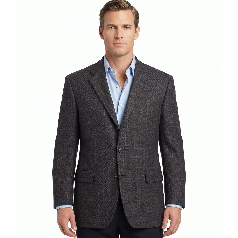 Johnston & Murphy Mens 46R XL Wool Windowpane Plaid Sport Coat Gray Tan Blazer